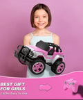 Girl holding Pink Remote Control Car For Girls 1:16 Scale With Doll And Sticker Pack, pink background, 2.4Ghz RC, toy remote shown