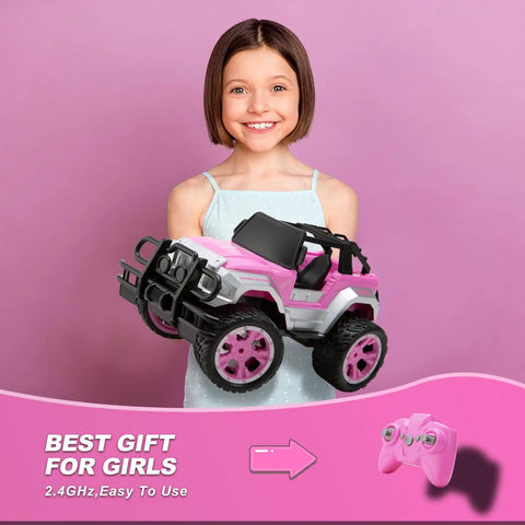 Girl holding Pink Remote Control Car For Girls 1:16 Scale With Doll And Sticker Pack, pink background, 2.4Ghz RC, toy remote shown