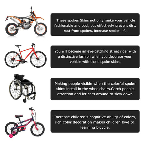 72 Piece Spoke Skins Kit For Dirt Bikes And Motocross Pit Bikes Spoke Wrap Trim Decoration Protection Lightweight ABS Plastic Heat Resistant And Fade Resistant 11 Mixed Colors shown on bike, wheelchair, and children's bike.