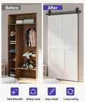 Before and after comparison of an open closet and a closed closet with Durable 48 Inch Bifold Barn Door Hardware Kit For 44 Inch Closet Doors Easy Install And Quiet Operation Bi Fold Track System With J Shape Top Mount Rollers Black Powder Coated Steel For Smooth Reliable Sliding And Modern Look installed