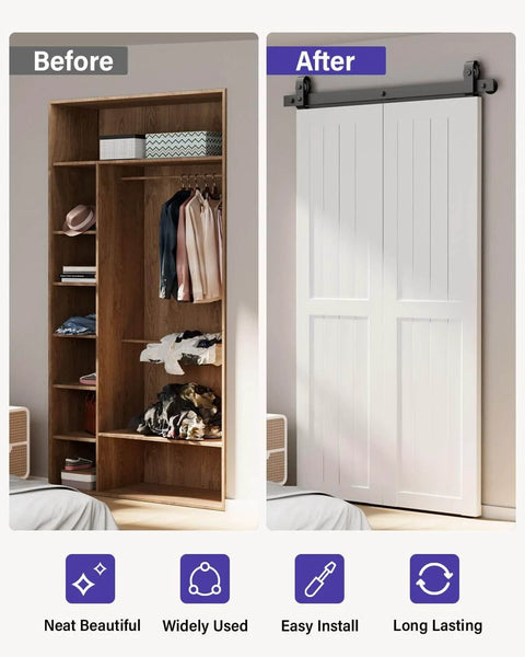 Before and after comparison of an open closet and a closed closet with Durable 48 Inch Bifold Barn Door Hardware Kit For 44 Inch Closet Doors Easy Install And Quiet Operation Bi Fold Track System With J Shape Top Mount Rollers Black Powder Coated Steel For Smooth Reliable Sliding And Modern Look installed