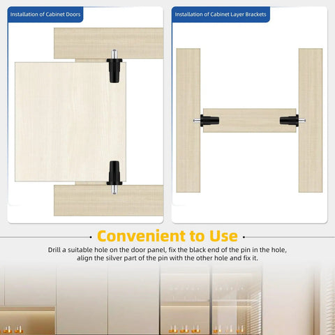 Installation guide for No Sweat 60 Piece Cabinet Door Repair Pins Kit, showing cabinet doors and brackets with black and white components.