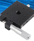 Top Shelf X Axis Manual Slide Table Featuring External Digital Micrometer Dial Control 80x80mm with black anodized aluminum build.