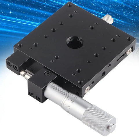 Top Shelf X Axis Manual Slide Table Featuring External Digital Micrometer Dial Control 80x80mm with black anodized aluminum build.