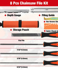 Portable Electric Chainsaw Sharpener Kit With 8 Piece File Set, showing depth gauge, filing guide, flat file, and storage pouch.