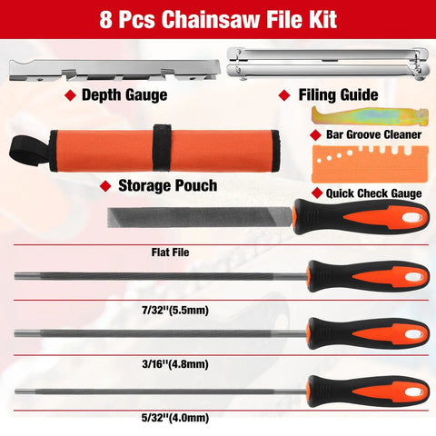 Portable Electric Chainsaw Sharpener Kit With 8 Piece File Set, showing depth gauge, filing guide, flat file, and storage pouch.