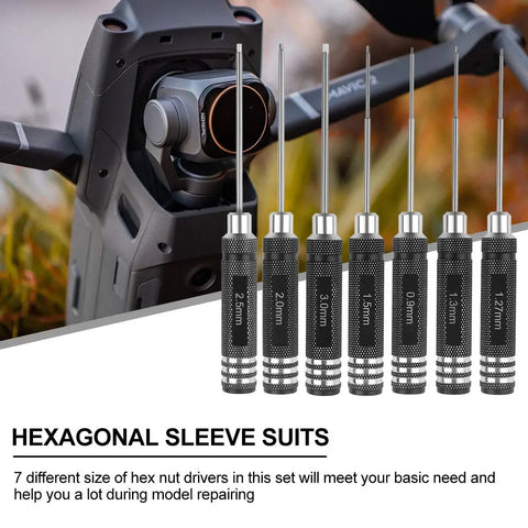 Pro RC Hex Driver Set 7Pc with various hex bits displayed beside an RC drone for RC cars, helicopters, drones repair gear.