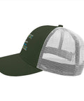 Mens Army Green Trucker Cap With Adjustable Buckle Four Seasons Comfort Stylish Everyday Hat One Size Fits Most For Casual Wear And Be The Dazzling Star In The Crowd On Point, side view showing mesh back.