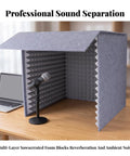Kickass Desktop Acoustic Soundproof Booth With Thick Foam And Felt Panels For Vocal Recording Podcasts Streams Home Studio Kill Echo Foldable Mic Enclosure on desk with microphone and laptop.