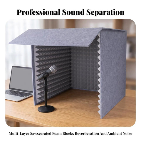 Kickass Desktop Acoustic Soundproof Booth With Thick Foam And Felt Panels For Vocal Recording Podcasts Streams Home Studio Kill Echo Foldable Mic Enclosure on desk with microphone and laptop.