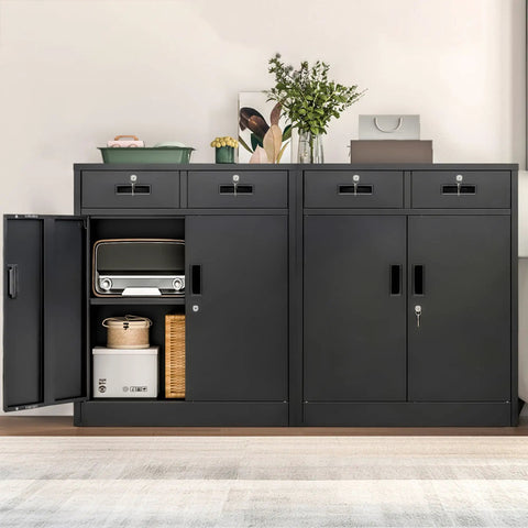 36 Inch High Locking Metal Storage Cabinet With Two Drawers And An Adjustable Shelf For Office, Garage Or Home, Heavy Duty Steel Construction In Black Finish