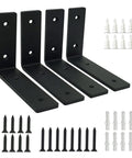 Quarter Inch Thick Heavy Duty Shelf Brackets 4 Pack For Rustic Farmhouse Floating Shelves Industrial Wall Mount With Screws And Anchors Built To Last And Supports Up To Sixty Six Pounds shown with black brackets, screws, and anchors.