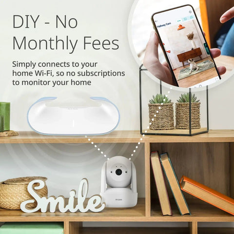 Mydlink Full HD WiFi Pan Tilt Security Camera 360 View No Fuss Setup Pet And Baby Monitoring Motion Detection Night Vision Cloud And MicroSD on shelf
