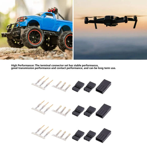 50 Sets Beefy Servo Plug Male Female Connector Kit Abs And Gold Plated Brass Pins Compatible With JR Futaba RC Airplane Types Three Pin Crimp Terminal Set 2A Rated Current displayed with plugs and pins.