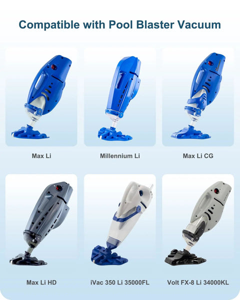 Replacement Charger For Pool Blaster Max Cordless Pool Vacuum And Li Battery Models displayed with Max Li, Millennium Li, Max Li CG, Max Li HD, iVac 350 Li, Volt FX8 Li