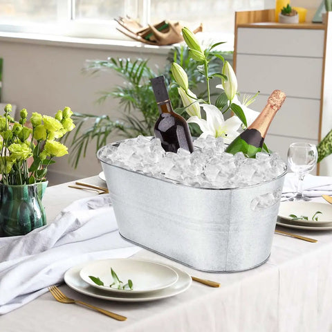 Quad Pack Four Gallon Galvanized Ice Buckets With Heavy Duty Carry Handles For Beers Wines Cocktails And More on dining table