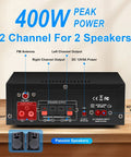 Back view of Dope 400W Bluetooth Stereo Amplifier For Home Audio System with labeled inputs and outputs, showing connections.