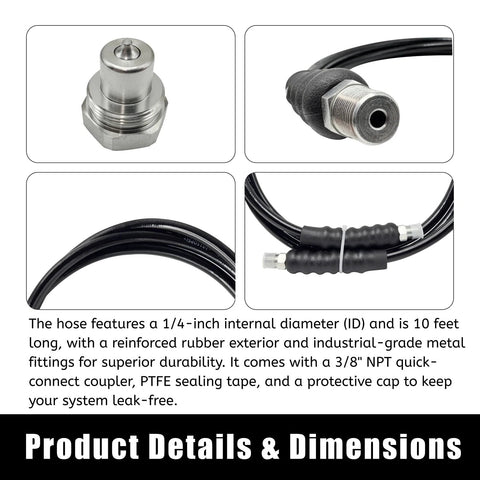 Memiyelay 10 ft high-pressure hydraulic hose kit, 1/4 in ID, 3/8 in NPT fittings; black hose with metal connectors