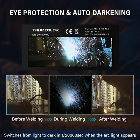 Auto Darkening Welding Lens 2x4 1/4 Solar Powered True Color Blue Replacement for Standard Welding Hoods and Helmets Improve Visibility, Eye Safety, and Precision Reduce Eye Strain for Pros and DIY Welders showing welding stages