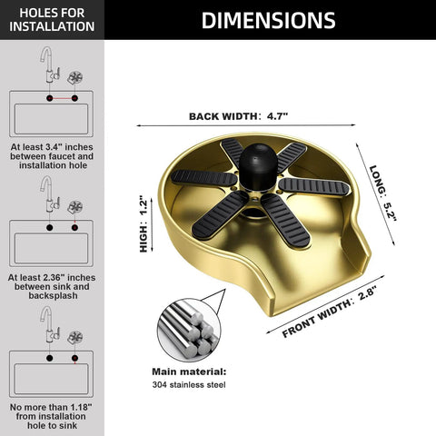 Dimensions and materials for Glass Rinser Cup Washer For Kitchen Sinks 360 Degree Bottle Cleaner Attachment In Stainless Steel Black.
