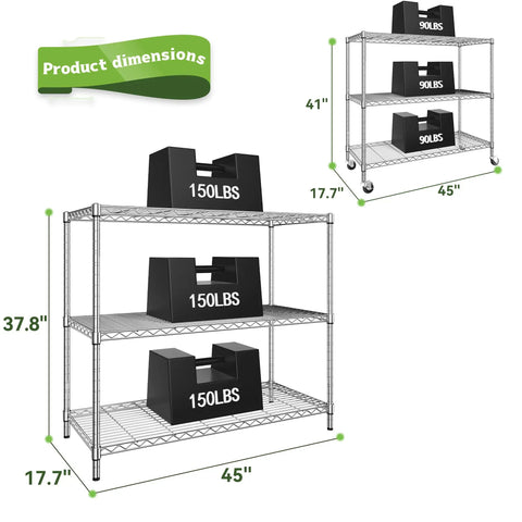 45 Inch Wide 3 Tier Metal Shelving On Wheels Built Tough Beefy Heavy Duty Steel Storage Rack With 450 Lbs Capacity Perfect For Kitchen Garage And Laundry Rust Resistant Mobile Storage Cart, 45-inch 3-tier chrome rack with dimensions shown
