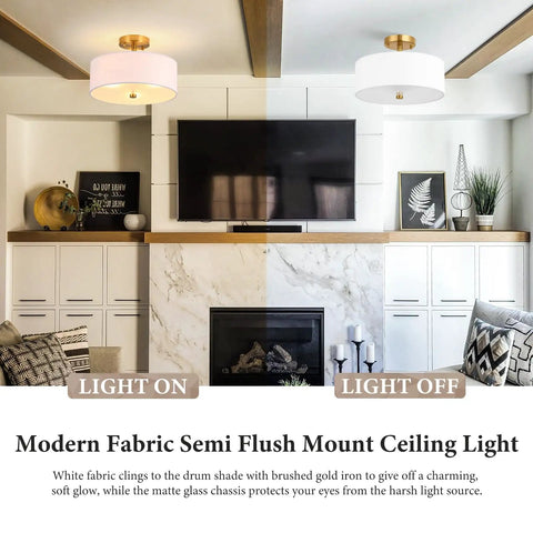 3 Light Gold Drum Semi Flush Mount Ceiling Light With White Fabric Shade, Modern Close To Ceiling Fixture For Bedroom Living Room Kitchen Hallway Entryway, Frosted Glass Diffuser, Dope Brushed Gold Finish