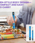 Person using USB-C Rechargeable Soldering Iron Pen With LED Display And Smart Temperature Control, blue, on circuit board