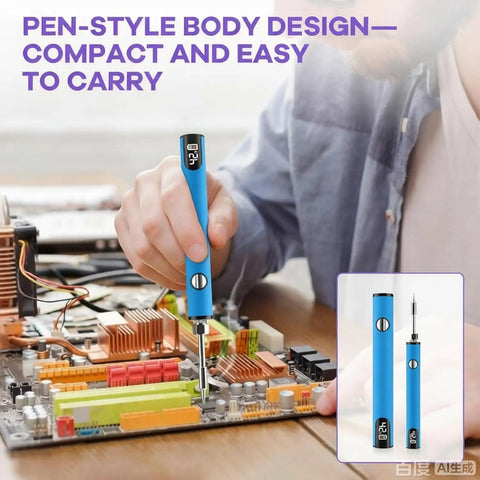 Person using USB-C Rechargeable Soldering Iron Pen With LED Display And Smart Temperature Control, blue, on circuit board