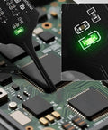 Coil Pack Tester For PCBs With Inductance Meter And Indicator Lights Grab And Go Portable Circuit Inductor Tester in use on a PCB
