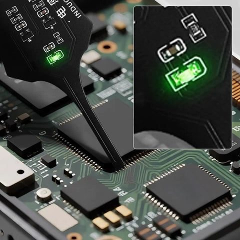 Coil Pack Tester For PCBs With Inductance Meter And Indicator Lights Grab And Go Portable Circuit Inductor Tester in use on a PCB