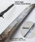 Close-up of Full Tang Carbon Steel Machete Sword with detailed view of 1060 steel blade texture and sharpness, HRC 49-52 hardness.