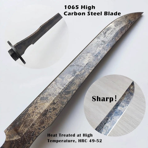 Close-up of Full Tang Carbon Steel Machete Sword with detailed view of 1060 steel blade texture and sharpness, HRC 49-52 hardness.