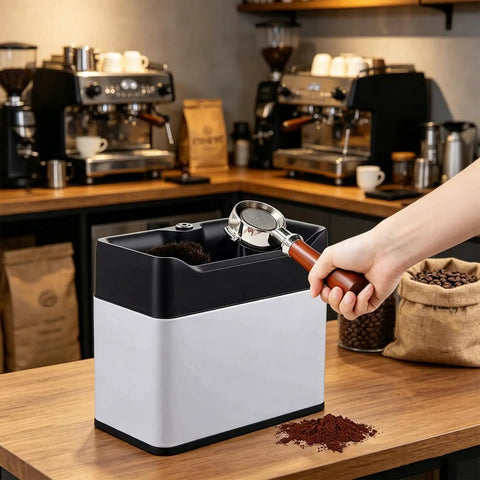 Automatic Electric Portafilter Cleaner For Coffee Grounds Handles Espresso Pucks With Zero Sweat Easy Drop Off Knock Box in cafe setting.