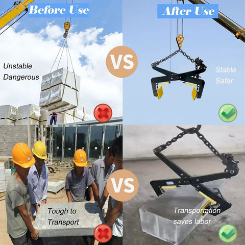 Comparison of Badass Heavy Duty Granite Slab Lifting Clamp With Adjustable Chain Stone Hoist before and after use showing safer transport.