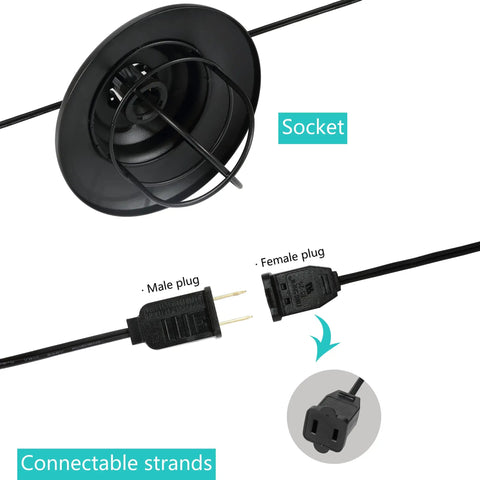 Close-up of 10 Foot Black Rustic Farmhouse LED String Lights socket and connectors, metal cage shade visible.