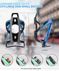 Ultra Lightweight Bike Water Bottle Cage With Screws And Tool Universal Cup Holder Rack For Road And Mountain Bikes Secure Grip Easy Install Durable Aluminum Alloy, showing a black and blue cage with measurements and various angles.