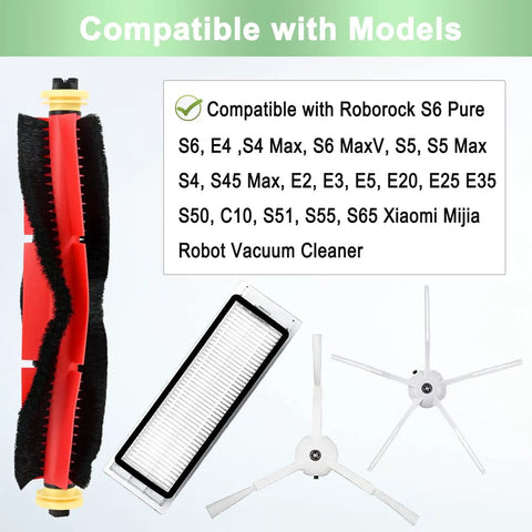 Replacement Parts Kit For S6 Pure, S6, S6 MaxV, S5, S5 Max, S4, E4, E2, E3, E5, E20, E25, E35, S50, S65 Robot Vacuums showing main brush, filter, side brush