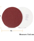 100 Pack 3 Inch 80 Grit Sanding Discs With Hook Loop Backing For Drills And Grinders showing two sanding pads, one red and one white.