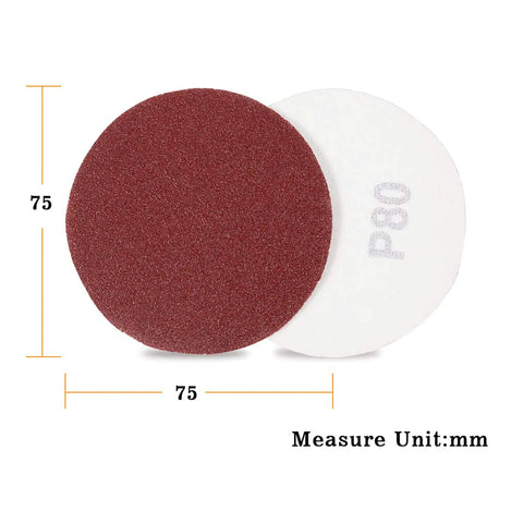 100 Pack 3 Inch 80 Grit Sanding Discs With Hook Loop Backing For Drills And Grinders showing two sanding pads, one red and one white.