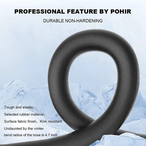 Beefy Fifty Foot Pressure Washer Hose With Three Eighths Inch Quick Connect Kink Resistant Wire Braided High Tensile Hose Heavy Duty 4200 PSI Power Washer Includes Two M22 Adapters 14mm For Quick Fit shown in icy backdrop.