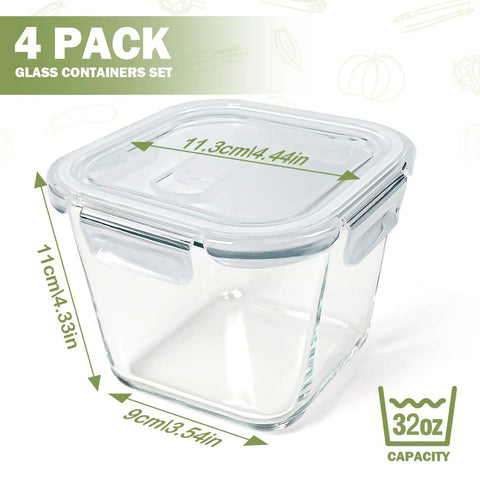 32 Oz Borosilicate Glass Food Storage Containers With Lids Pack Of 4, close-up view of single container dimensions