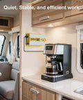 1200W Pure Sine Wave Inverter 12V DC To 120V AC With LCD Display GFCI Outlet installed in RV kitchen, powering a coffeemaker