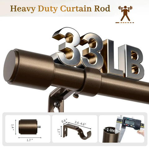 Heavy-duty bronze curtain rod with 33 lb capacity features Beefy Bronze Curtain Rod 1 Inch Adjustable Drapery Rod From 32 To 86 Inches.