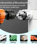 Easy And Comfortable 3 Piece Internal External Pipe Threading Tool Kit Includes 1/2 3/4 1 Inch NPT Sizes For Electric Drill showing compatibility with PVC and plastic pipes.