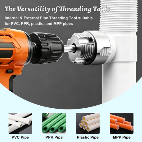 Easy And Comfortable 3 Piece Internal External Pipe Threading Tool Kit Includes 1/2 3/4 1 Inch NPT Sizes For Electric Drill showing compatibility with PVC and plastic pipes.