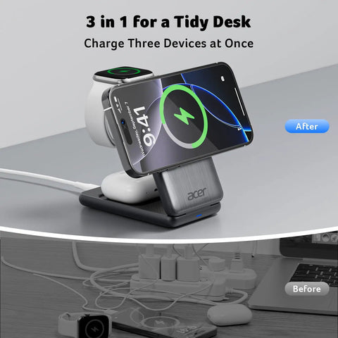 3 In 1 Magnetic Wireless Charging Station For iPhone Apple Watch And AirPods MagSafe Compatible Foldable Desk Stand setup