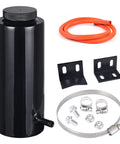 Universal Aluminum Coolant Overflow Tank And Radiator Expansion Bottle 800ML Matte Black With Built In Vents heavy duty parts shown with attachments.