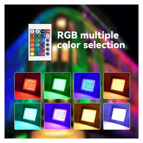 JUDYSSY RGB Led Floodlight Ac220 20W 30W 50W 100W showing multiple color selections with remote control for outdoor lighting.