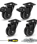 Dead Quiet 2 Inch Low Profile Caster Wheels For Furniture set of 4 in black with locking brake and screws for easy installation.