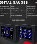 All New Touch Screen OBD2 Code Reader With Digital Gauges showing trip computer data, free WiFi updates, and multiple pages.